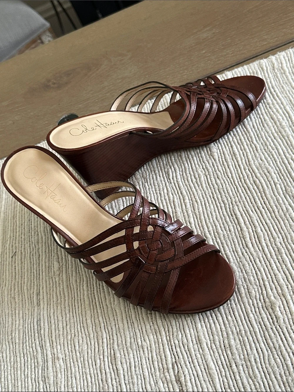 Vintage HIGH Qualiry Cole Haan Brown Leather Woven Slide Mules 7 AA